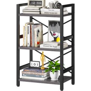Homeiju Bookshelf, 3 Tier Industrial Bookcase, Metal Small Bookcase, Rustic Etagere Book Shelf Storage Organizer for Living Room, Bedroom, and Home Office(Grey) Patent Pending D29873033
