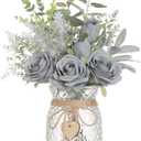 Faux Flowers with Vase,Artificial Silk Roses in Vase, Fake Plant Eucalyptus Flower Arrangement for Home Office Farmhouse Bathroom Dining Table Centerpiece Decorations Coffee Table Decor (Grey Blue)