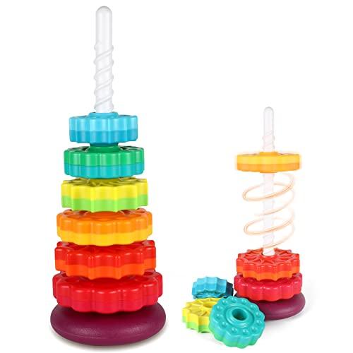 JUXUE Spinning Toy, Rainbow Stacking Toys for Toddlers 1-3, Ring Stacker Baby Toys 6 to 12 Months, 1 One Year Old Girl Boy Christmas Birthday Gifts, Montessori Autism Sensory Toy
