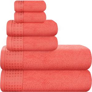 GLAMBURG 100% Cotton Ultra Soft 6 Pack Towel Set, Contains 2 Bath Towels 28x55 Inches, 2 Hand Towels 16x24 Inches & 2 Wash Coths 12x12 Inches, Compact Absorbent Lightweight & Quickdry - Coral Orange