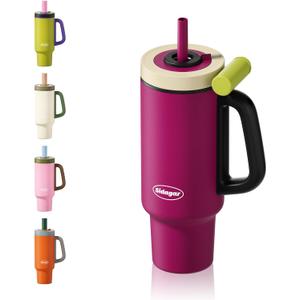 Tumbler with Handle,36 oz Ceramic Lined Travel Mug Water Bottle with Straw,Vacuum Insulated Stainless Steel Cup with Lid,Fits Cup Holder, Leak Resistant Press-in Lid, Purple (Fuchsia Berry Purple)