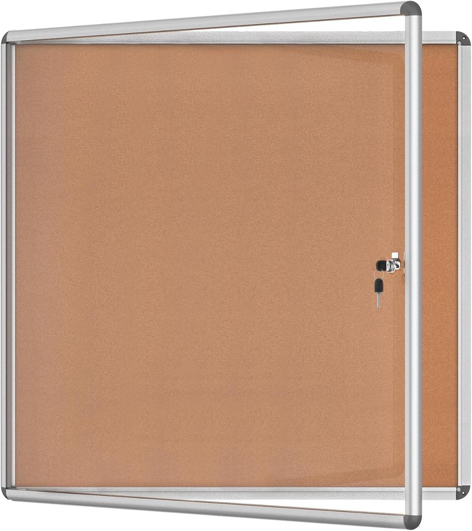 Mifuro 38"x38" Enclosed Bulletin Board, Lockable Weather-Resistant Aluminum Cork Noticeboard for School & Office, Silver Frame w/Cork