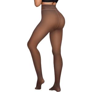 Fleece Lined Tights Sheer Women - Fake Translucent Warm Pantyhose Leggings Sheer Thick Tights for Winter (X-Small, Invisible One Line Crotch-brown)