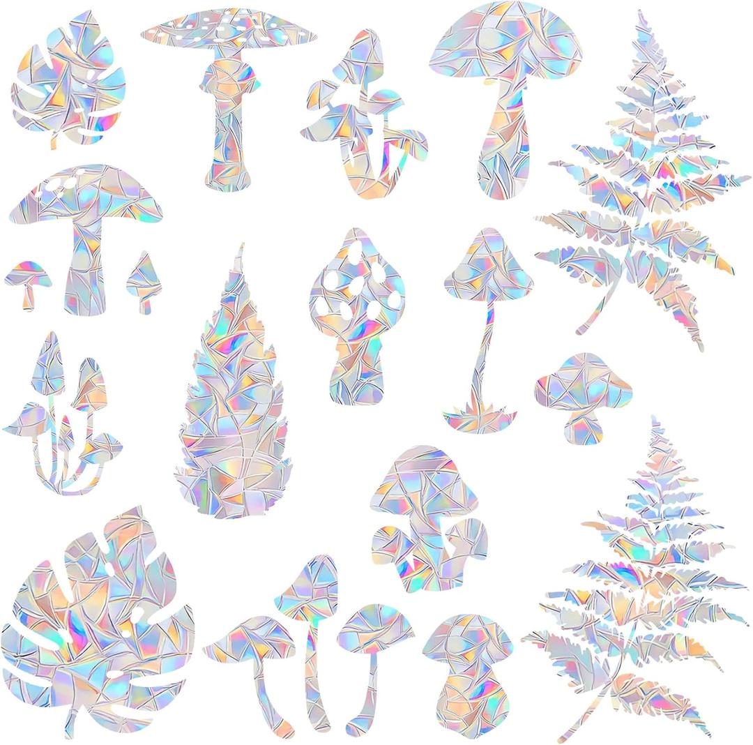 18 Pieces Mushroom and Leaf Window Decals for Bird Strike Prevention - Reusable Rainbow Suncatcher Clings to Save Birds, Non-Adhesive Anti-Collision Stickers, Easy Remove No Residue