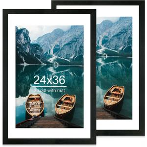 2 x Hongkee 24x36 Poster Frame Set of 2, Rustic Black Wood Style - Display 24 x 36 Poster without Mat or 20x30 Picture with Mat, Wall Mounting Horizontal and Vertical