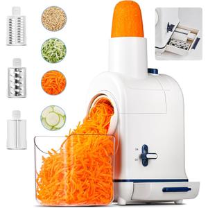 Electric Cheese Grater, Salad Maker, 3 Replaceable Stainless Blades, Food Container, Built-in Blade Storage, Electric Salad Machine for Cheeses, Fruits, Vegetables  Easy Cleanup & Assembly (White)