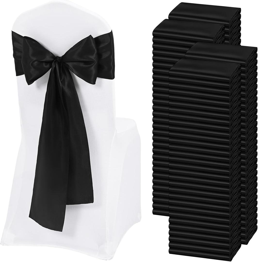 120 PCS Black Satin Chair Sashes, Ties Bows Designed Chairs Decorative, Chair Cover Sashes for Thanksgiving Wedding Christmas Banquet Party Home Kitchen Decoration (7 x 108 inch)