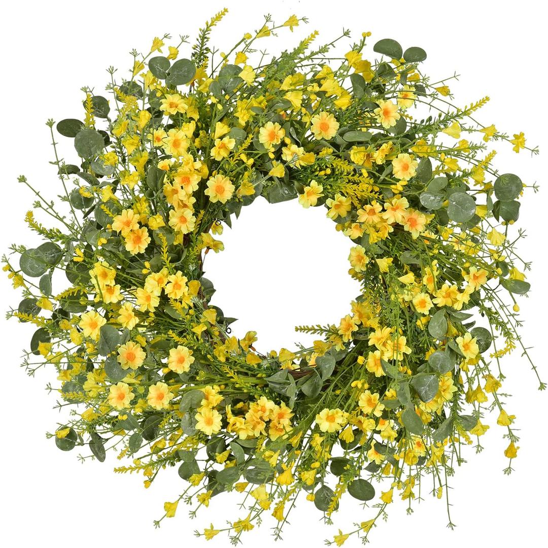 LSKYTOP 24Inches Artificial Daisy Flower Wreath with Eucalyptus Green Leave Spring Summer Wreath for Front Door Wall Decor (Yellow)