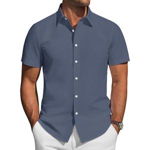 J.VER Mens Short Sleeve Button Down Shirt Stretch Business Casual Dress Shirts Solid Summer Wedding Prom Tops (Large, Grey Blue)