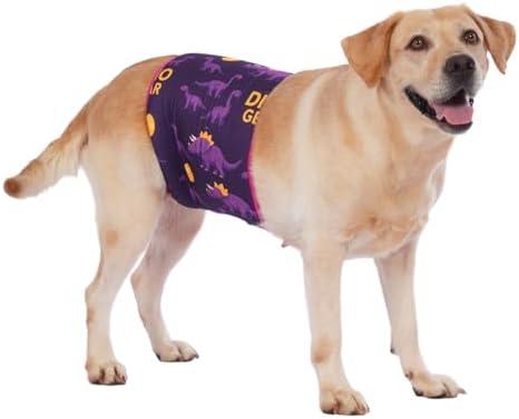 LovinPet 3-Layer Dog Belly Warmer Calming Wrap, Adjustable Abdominal Protector for Dogs, Anti-Chafe Moisture Barrier, Memory-Foam Core + Mesh Lining, Dinosaur Print,Purple Large