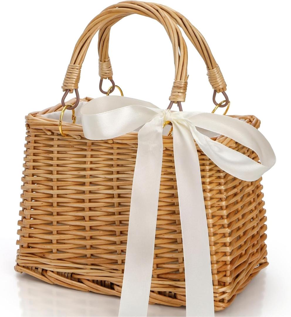 Handwoven Rattan Handbag, Wicker Rectangle Basket Purse with White Ribbon, Summer Beach Top Handle Clutch, Boho Style Woven Purse, Rustic Flower Basket for Women, Travel, Vacation, Wedding