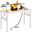 Need 39 Inch Small Folding Computer Desk with Power Outlets &Monitor Shelf Study Desk Gaming Desk with Led Lights &Cup Holder & Headphone Holder,White
