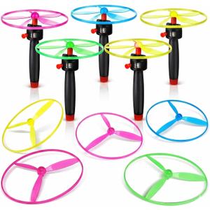 Flying Disc Launcher Toy - Pull String Flying Disc Set 5 String Launchers and 10 Flying Saucer Disk Launcher, Disk Helicopter for Kids Party Favors and Outdoor Activities