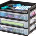 IRIS USA Plastic Desk Top 3-Drawer Storage Organizer with Paper Tray Top, 1-Pack, for Makeup Vanity Nail Polish Bathroom Stationery Art Craft Supplies Kitchen Office Garage Organization, Medium, Black