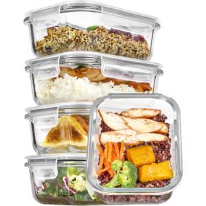Vtopmart 5Pack 22oz Glass Storage Containers with Lids, Glass Meal Prep Food Container Sets with Snap Airtight Lids for Microwave, Oven, Freezer and Dishwasher, Grey