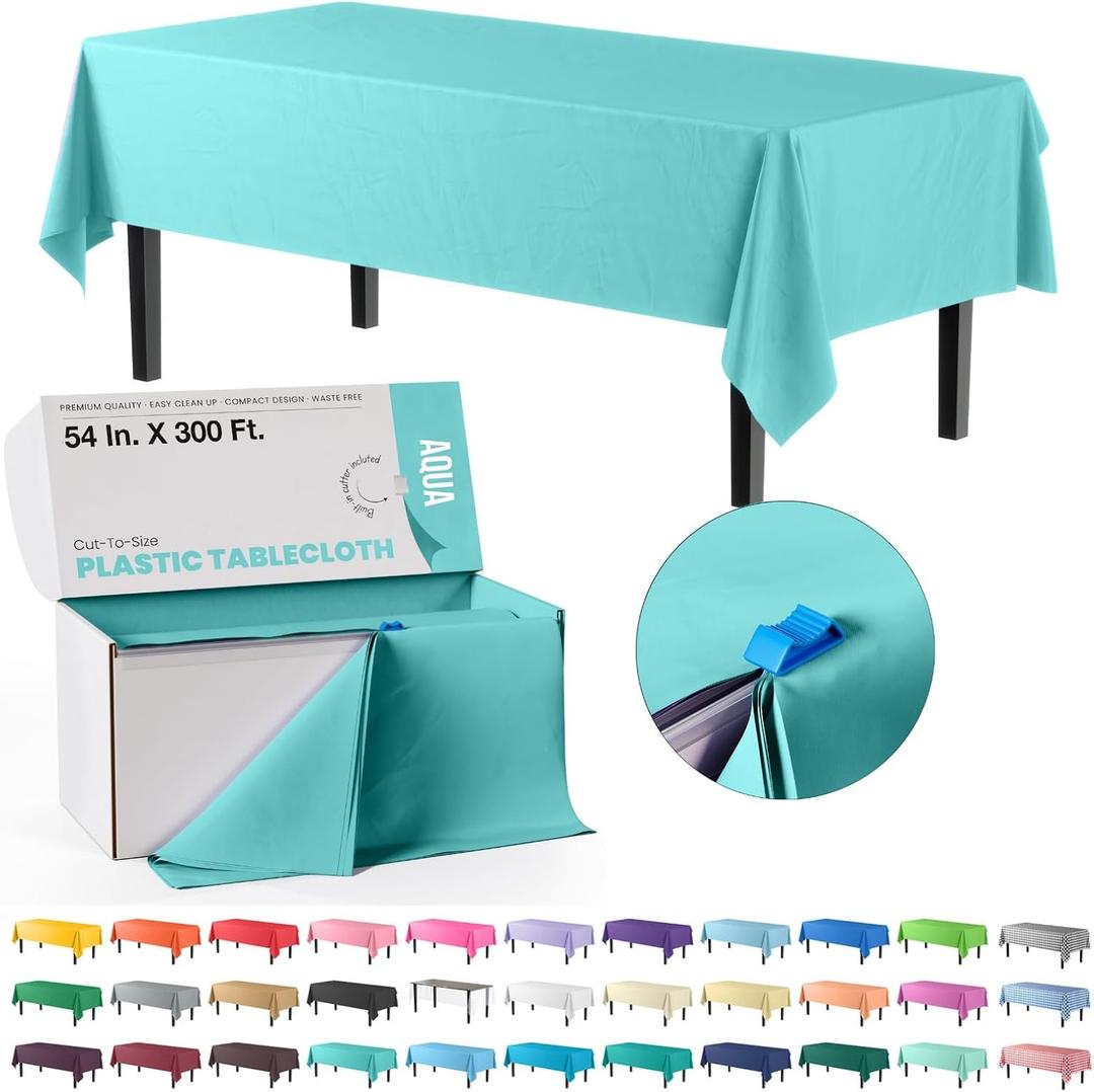 Exquisite Light Blue Plastic 54x300 inches Tablecloth Roll with Built-in Cutter, 300 Feet, Rectangular, All-Season, 1 Count