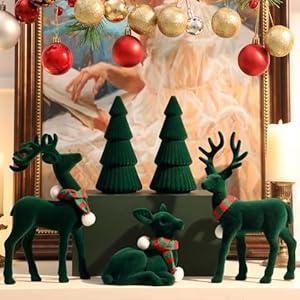 Lanpn 5 Pcs Christmas Velvet Reindeer & Tree Figurine Set, Flocking Xmas Reindeer Cone Trees Statue, Christmas Deer Decoration Elk Sculpture Home Tabletop Mantle Winter Holiday Decor, Green