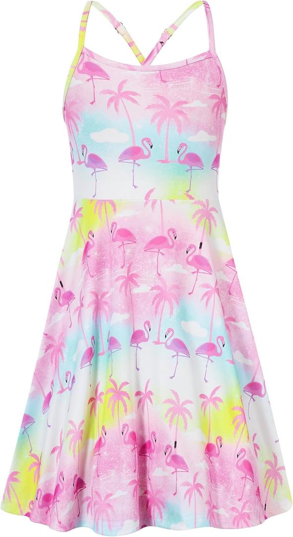 Girls Summer Sundress Adjustable Strap Cami Dress Spaghetti Strap Dresses Size 4-13 (8-9 Years, A3 Flamingo 01)