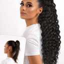 ALXNAN Wavy Curly Ponytail Extension, 26 Inch Black Brown Drawstring Ponytail for Black Women Short Soft Natural Synthetic Hairpiece Thick For Daily Use