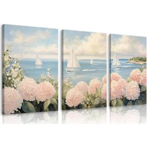 Set of 3 Pink Coastal Hydrangea Canvas Wall Art Seascape Floral Painting Picture Wall Decor Vintage Sailboats Poster print Artwork for Living Room Bedroom dormitory Home Decoration