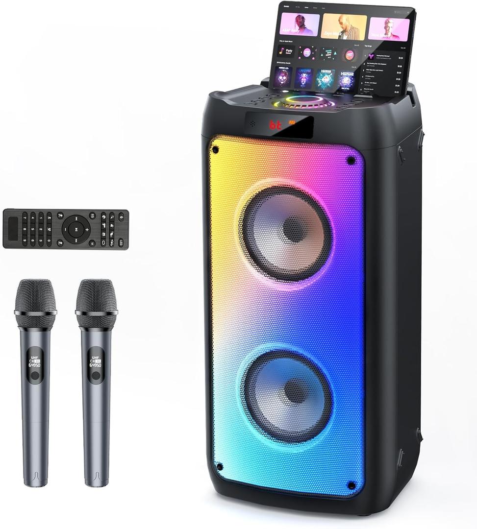 Karaoke Machine with 2 Wireless Microphones, Portable Bluetooth Speaker for Adults & Kids, Big Party PA System with Disco Lights for Gatherings, Stage Subwoofers, The Best Gifts for All