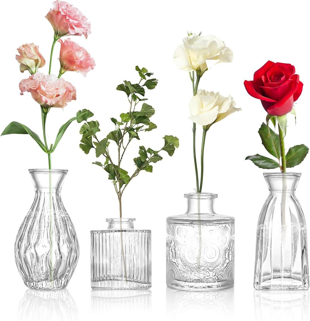 Glass Bud Vases Set of 4, 4 Sizes of Small Flower Vase for Party or Home Table Decorations