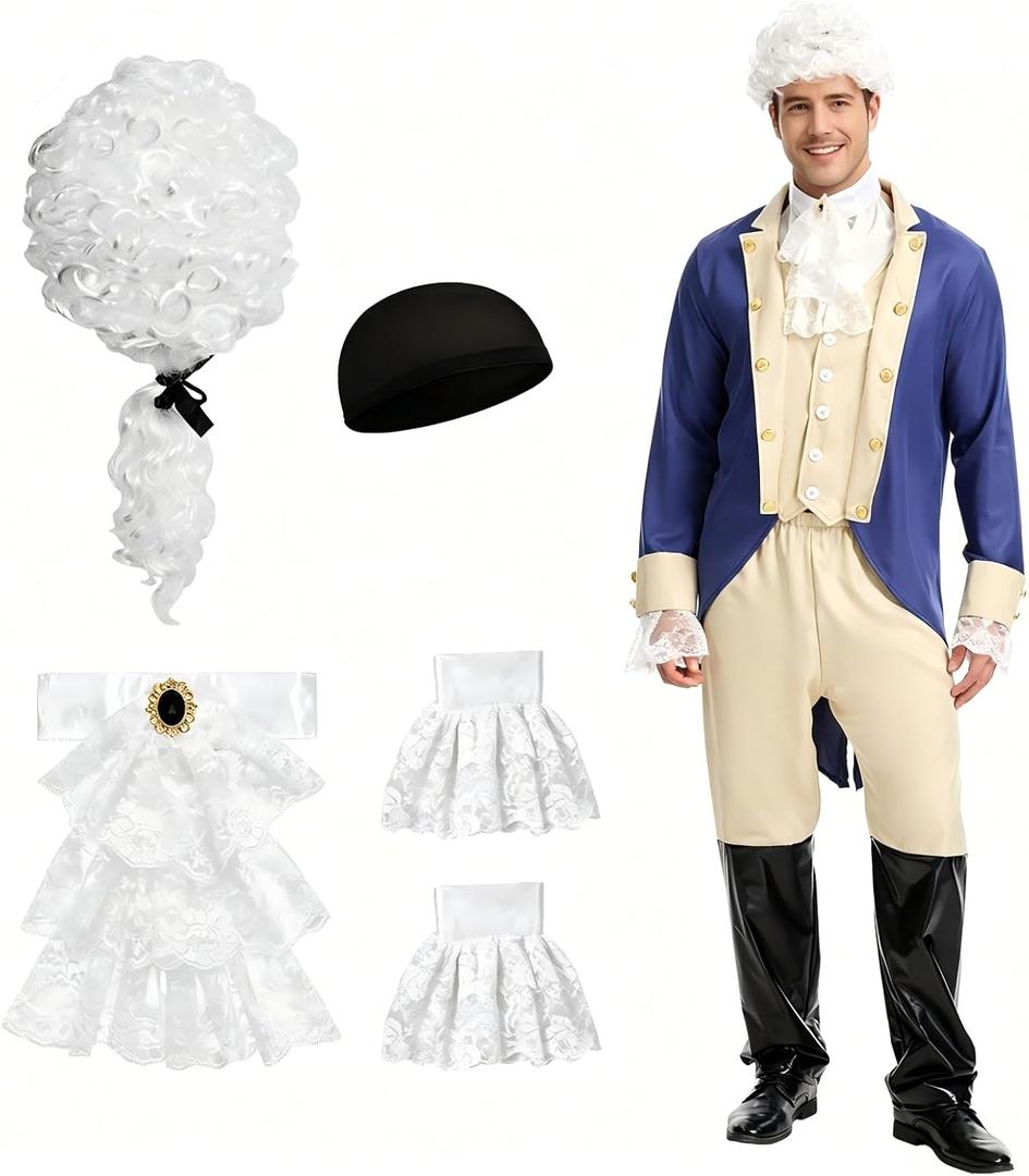 YLZFEQFN Men's Founding Father Costume,Adult Colonial Costume,Revolutionary War President General Outfit,Patriot Uniform with Wig, Medium 