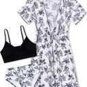 Ochine Girls Swimsuit 3 Piece Tropical Print Bikini Set Teens Bathing Suit with Drawstring Quick Dry Cover Up 9-16Y
