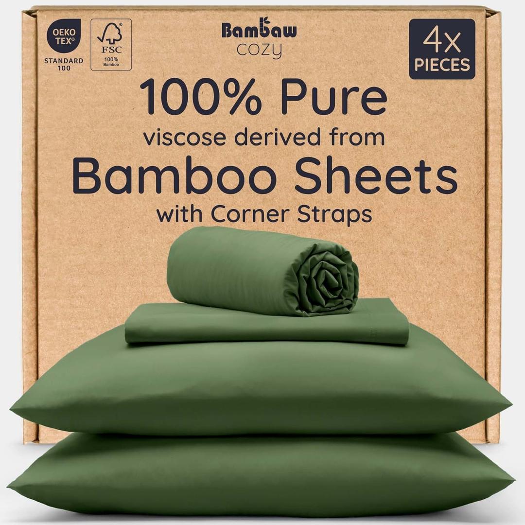 Bambaw Full Sheet Set 4pcs  100% Viscose Derived from Bamboo Sheets Full Size Set, Cooling Bed Sheets for Hot Sleepers, with Elastic Corner Straps (Olive)