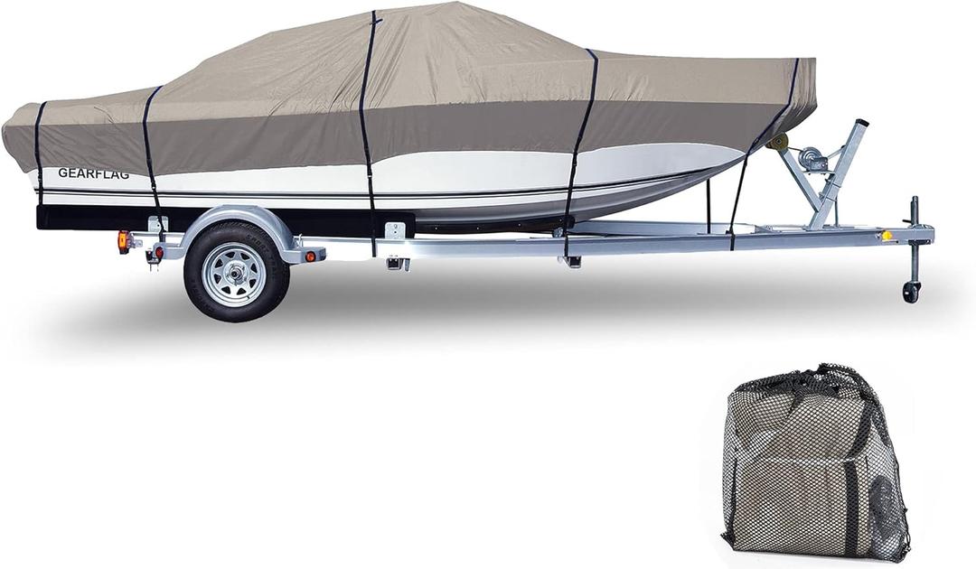 GEARFLAG Trailer Boat Cover 600D Heavy Duty Waterproof Marine Grade UV Resistant fits V-Hull Tri-Hull Runabouts Fishing Boat Reinforced Adjustable Side Straps (16' - 18.5' Long, Beam Width 98")