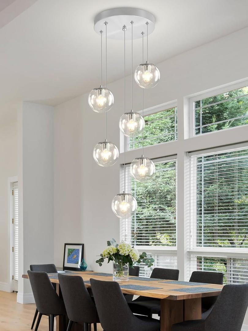 Silver LED Staircase Chandelier 6-Light Clear Glass Ball Chandelier Dimmable Pendant Lights Large Chandeliers for High Ceilings, Entryway Modern Chandelier for Villas and Stairwell Silver LED Staircase Chandelier 6-Light Clear Glass Ball Chandelier Dimmable Pendant Lights Large Chandeliers for High Ceilings, Entryway Modern Chandelier for Villas and Stairwell