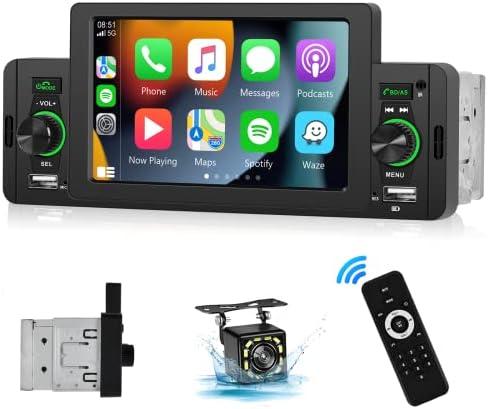 Carplay Single Din Radio 5 Inch Touch Screen Car Stereo with Car Play Android Auto, Bluetooth 5.1, HD Backup Camera, Mirror Link, Siri Voice Control, USB, FM, SWC, Dual Mic, Remote Control