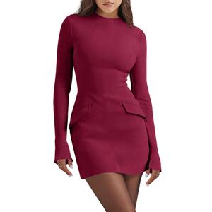 Cicy Bell Womens Long Sleeve Bodycon Dress Mock Neck Slim Fit Party Cocktail Fall Mini Blazer Dresses Burgundy