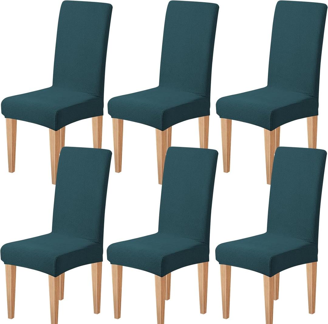 Dioxide Stretch Chair Covers for Dining Chairs, Washable Dining Chair Covers Set of 6, Soft Kitchen Chairs Seat Covers, Jacquard Parson Chair Slipcover Protectors for Home Hotel Restaurant Banquet (Cyan)