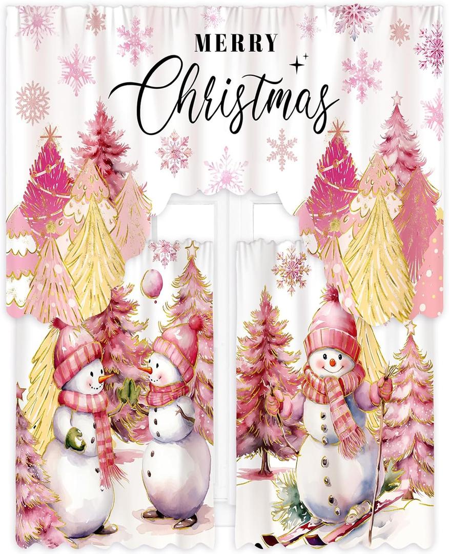 Christmas Kitchen Curtains 3 Piece Set Pink Snowman Window Curtains and Valance Set Xmas Curtain Swag for Kitchen Bedroom Living Room Decor, 60 x 36 Valance, 36 x 30 Tier