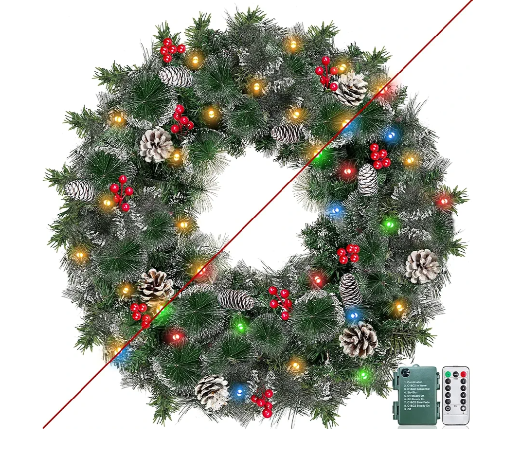 Remote Control 24 Inch Christmas Wreaths for Front Door Christmas Wreath with 50 Warm White & Colorful Lights 8 Mode Timer Snowy Bristle Pine Tips Pinecones Red Berried Xmas Wreath for Home Wall Porch