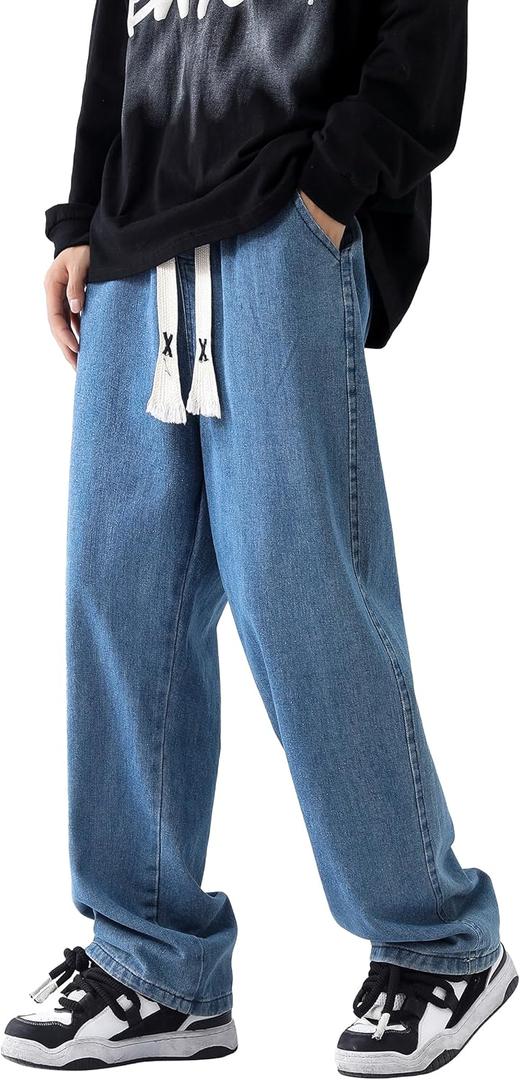 PRIJOUHE Relaxed Fit Jeans for Men Straight Leg Baggy Jeans Hip Hop Elastic Waist Denim Pants with Drawstring (S, 84-dark Blue)