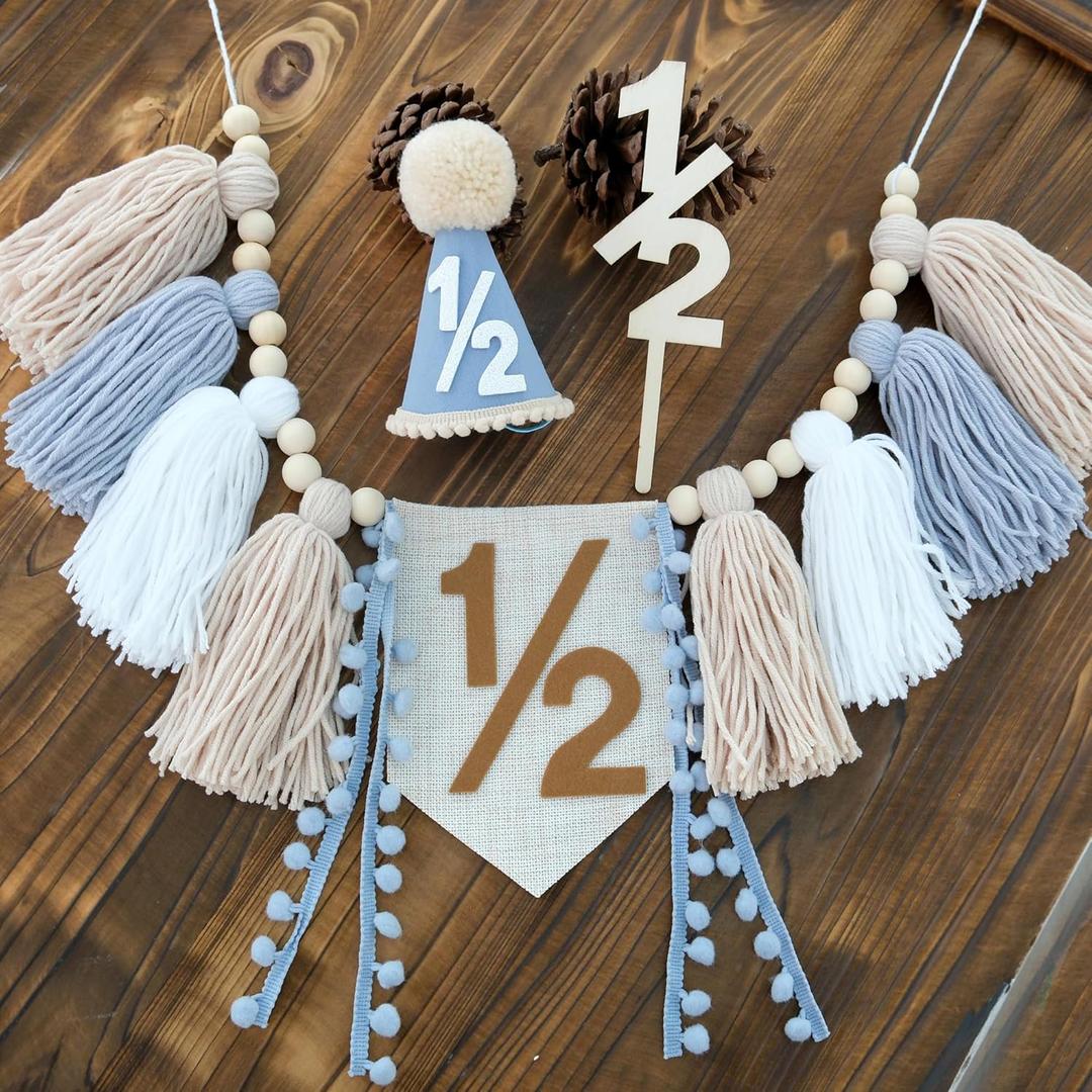 Half Birthday Boy Decorations,Blue 1/2 Birthday High Chair Banner With Cone Hat And Half Cake Topper,Half Way To One Decorations Kit For Baby Boy,Happy 6 Month Party Photoshoot Props