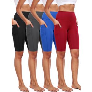 CADMUS 3/4 Pack Women Biker Compression Short Leggings for Yoga with Big Pockets (Large, 4 Packs: Black+Grey+Blue+Red)
