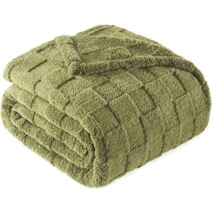 Exclusivo Mezcla Queen Size Flannel Fleece Blanket, Super Soft and Warm Lightweight Checkered Pattern Blankets for All Seasons, 90x90 Inches, Olive Green
