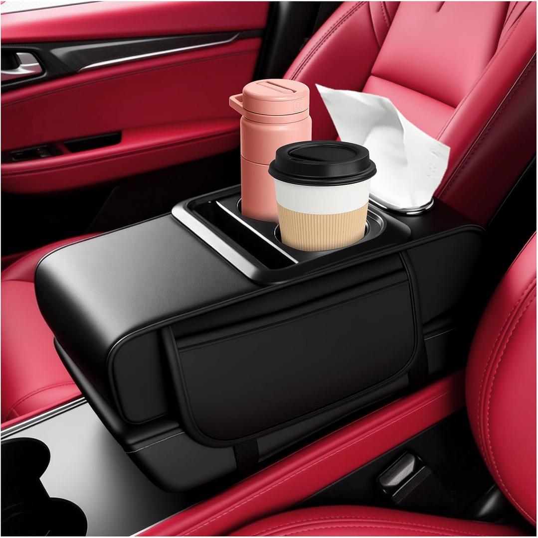 5-in-1 Car Armrest Storage Box,Multifunctional PU Leather Organizer with Phone Holder & Cup Holder & Side Pockets,Universal Car Armrest Cushion Fit for Most Cars SUVs