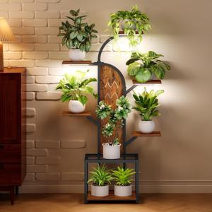 Plant Stand Indoor with Grow Lights, 7 Tiered Plant Shelf Indoor, 55.51"Corner Plant Stand Shelves for Indoor Plants Multiple, Metal Tall Plant Flower Holder, Tree-Shaped Plant Rack for Home, Patio (Rustic Brown)