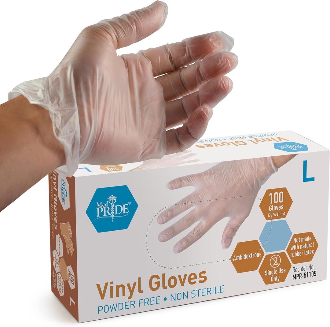 MedPride General Purpose Powder-Free Vinyl Gloves, Large, Box/100 (Clear)