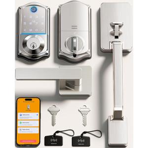 Veise VE017-D Smart Fingerprint Front Door Lock Set, App Control, 8-in-1 Keyless Entry Deadbolt with Lever Handle, Touchscreen Keypad, IP55 Weatherproof, Auto Lock, Easy Install, Satin Nickel