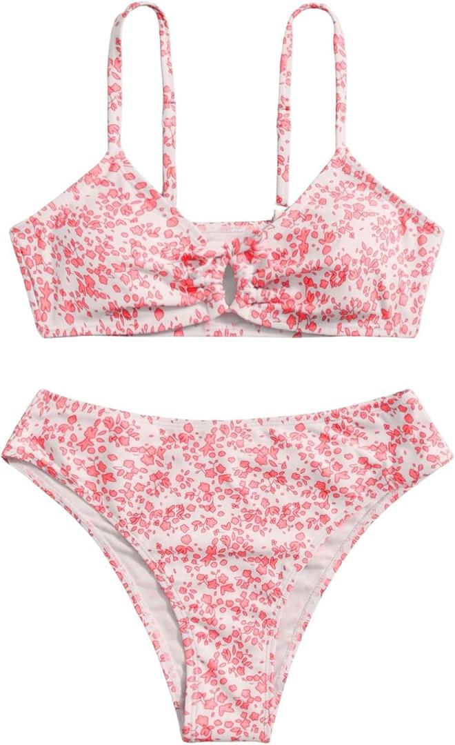 OYOANGLE Girl's 2 Piece Ditsy Floral Bikini Swimsuit Ring Linked Ruched Bathing Suit (Red)