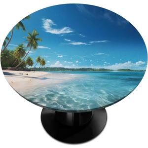 Palm Tree Hawaii Beach Round Fitted Tablecloth Elastic Edged Plastic Table Cover Coconut Palm Waterproof Wipeable Table Cloth Tablecloth Fits Tables up to 36"-42"