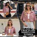 Womens Cropped Plaid Shirt Button Down Short Sleeve Top Blouse | Vintage Plaid Shirts, Preppy Clothes, Casual, Checkered, Plaid Crop Top Button Up Shirts, Gingham, Streetwear, Hiphop, Y2K (Red), Medium