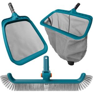 Economy Swimming Pool Cleaning Kit - Fine Mesh Deep Pool Rake & Leaf Skimmer Net, Rotatable Pool Brush Head for Cleaning Above Ground & Inground Pools (No Pole)