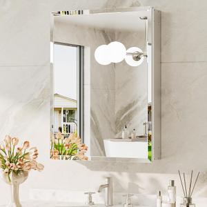 TokeShimi 20 x 28 Medicine Cabinet for Bathroom, Silver Recessed Medicine Cabinet with Tempered Beveled Mirror, Stepless Adjustable Shelves, DTC Hinge, Recessed/Wall Mounted