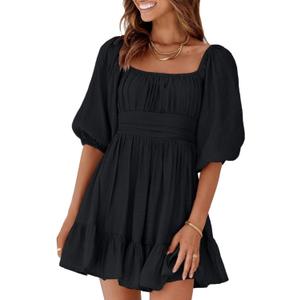 Dokotoo Womens Summer Dresses Square Neck Tie Back Lantern Sleeve Ruffle A-Line Casual Dress (Medium, 22 Black)